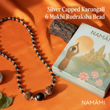 Silver Capped Karungali Malai with 5 Mukhi Rudraksha & Black Bead