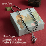 Silver Capped Karungali Malai with Shiv Trishul & Nandi Pendant