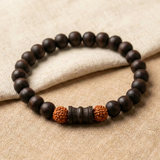 Karungali Rudraksha Damru Bracelet - Natural Ebony Wood & 5 Mukhi Rudraksha Beads